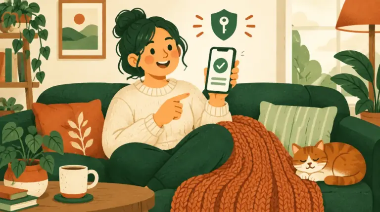 Illustration: hand som håller en mobil över en soffa