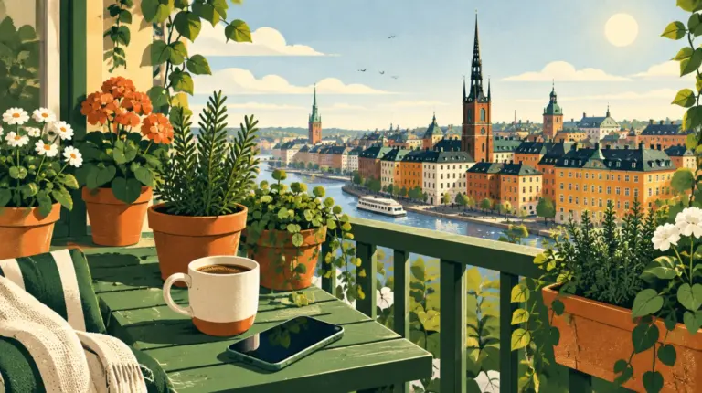 Illustration: morgonkaffe och mobil på en balkong i Stockholm