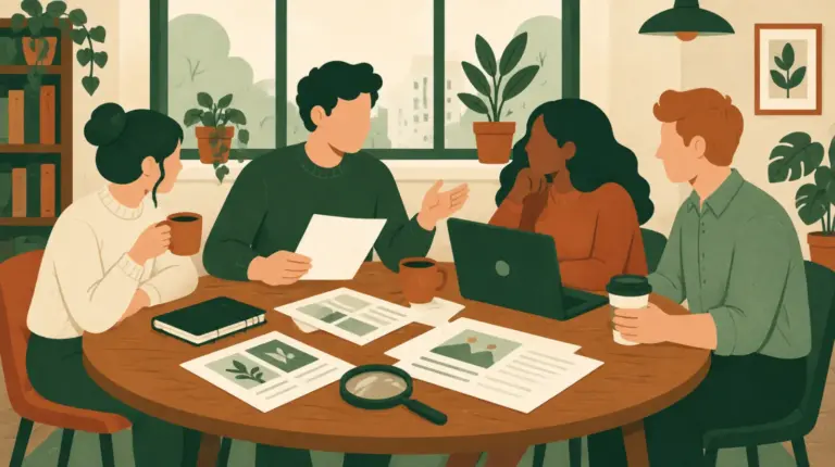 Illustration: redaktionsmöte vid ett runt träbord