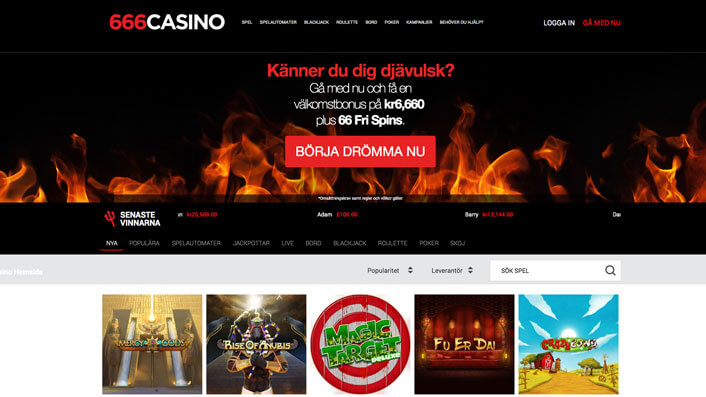 Startsidan hos 666 casino.