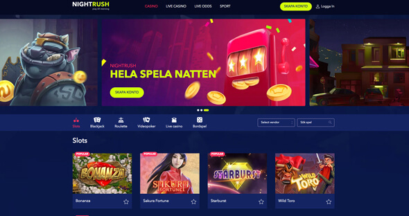 Startsidan för Night Rush Casino.